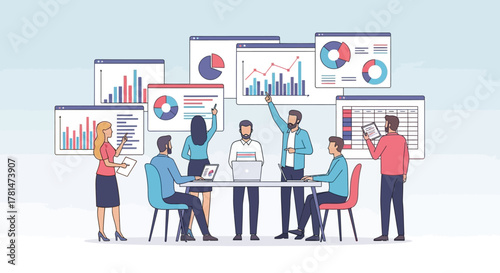 A team of corporate professionals collaborating on business strategy, analyzing data on various charts and graphs