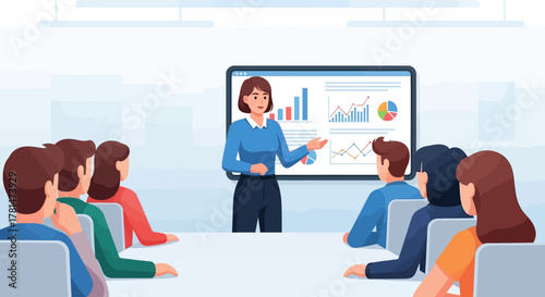 Professional woman leading a business presentation, explaining data analytics with charts and graphs to an audience in a modern office
