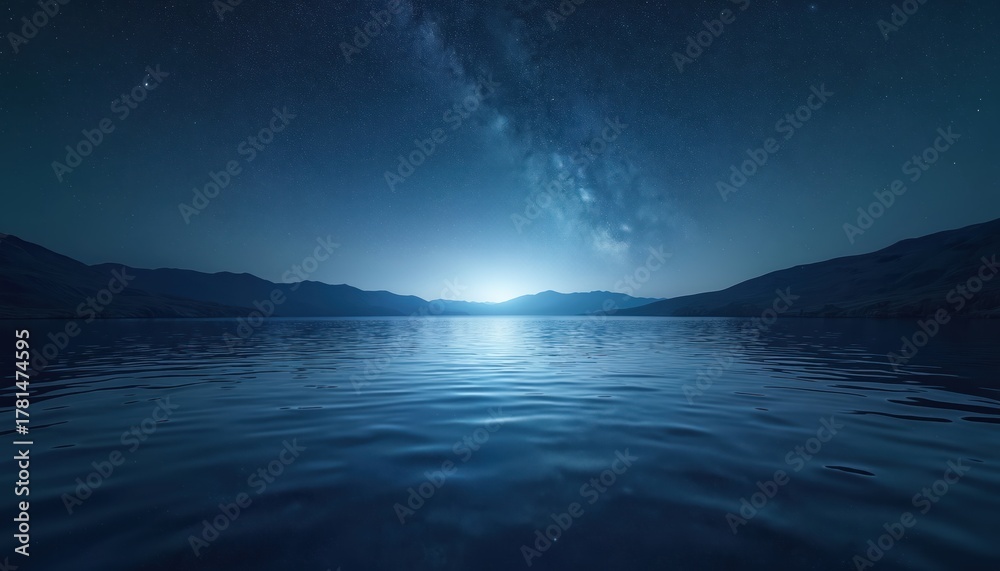 Fototapeta premium Calm lake mirrors vast starry night sky above silhouetted mountains. Milky Way galaxy arches over still dark water surface. Bright horizon glow hints at distant dawn.