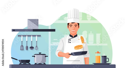 Professional male chef in uniform cooking in a restaurant kitchen, flipping bread. Culinary expert at work. Flat vector illustration
