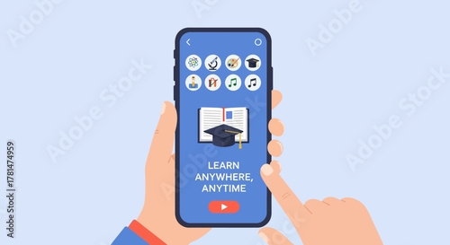 Person holding a smartphone with an online education app, symbolizing the 'convenience of mobile learning' and distance education