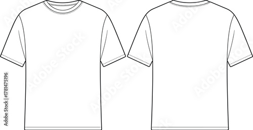 Technical flat sketch of basic short sleeve t-shirt front and back view, fashion apparel CAD drawing clothing vector illustration design