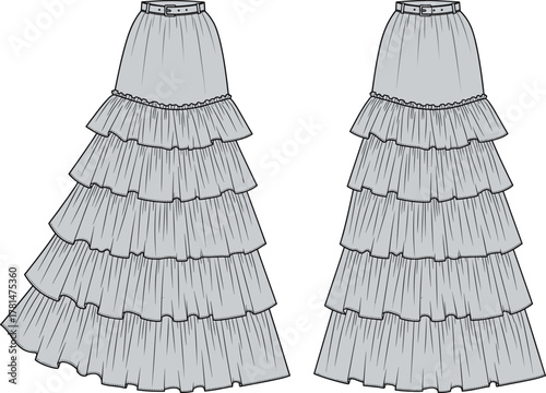 Tiered skirt fashion design, layered ruffle silhouette, front back view garment sketch, cad drawing flat vector illustration, grayscale fashion template