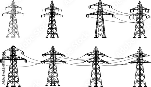 Vector silhouette of electrical transmission towers with power lines, showcasing energy infrastructure, engineering design, and urban electricity distribution network