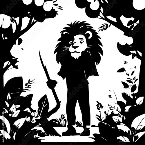 Anthropomorphic Lion Character Holding a Stick in a Forest Setting