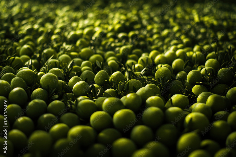 Fototapeta premium Fresh green peas and olives close up on natural background