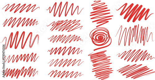 Collection of red scribble and hatch mark textures for artistic backgrounds