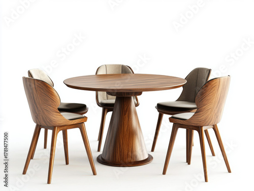 Wooden table and chairs set isolated on white background