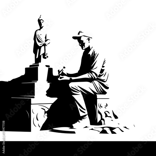 Artist meticulously carving a stone Buddha statue with tools