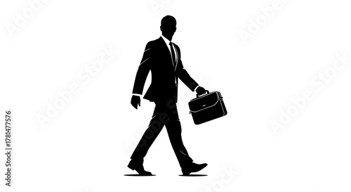 Black silhouette of a businessman in a suit, walking with a briefcase on a white background