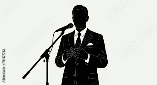 Monochrome silhouette of a man in a suit standing at a microphone stand, isolated on white