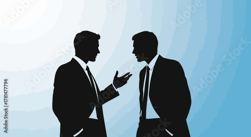 Silhouettes of two businessmen in suits discussing against a blue gradient background. One gestures