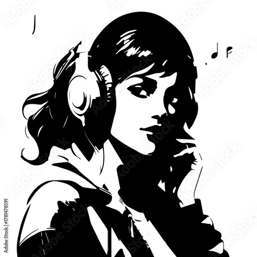Black and white graphic illustration of a woman wearing headphones, enjoying music with a thoughtful expression.
