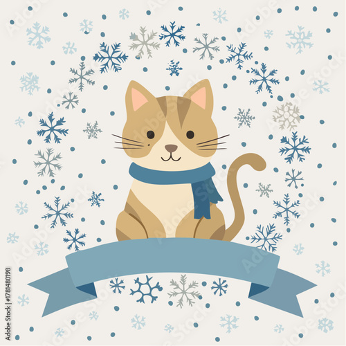 マフラーを巻いたねこのクリスマス円形枠