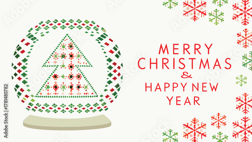 Festive snow globe with christmas tree inside and merry christmas happy new year text surrounded by snowflakes