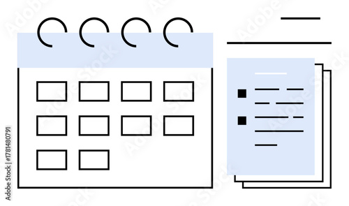 Spiral-bound calendar with task grid next to stacked papers and lists. Ideal for planning, deadlines, events, reminders, productivity, organization, workflow. Clean simple flat metaphor