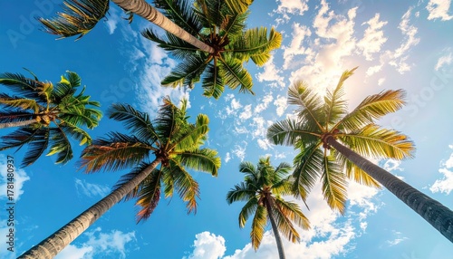 View from below looking up at tall palm trees against a bright blue sky with white clouds and sunlight filtering through the leaves creating a tropical paradise atmosphere
