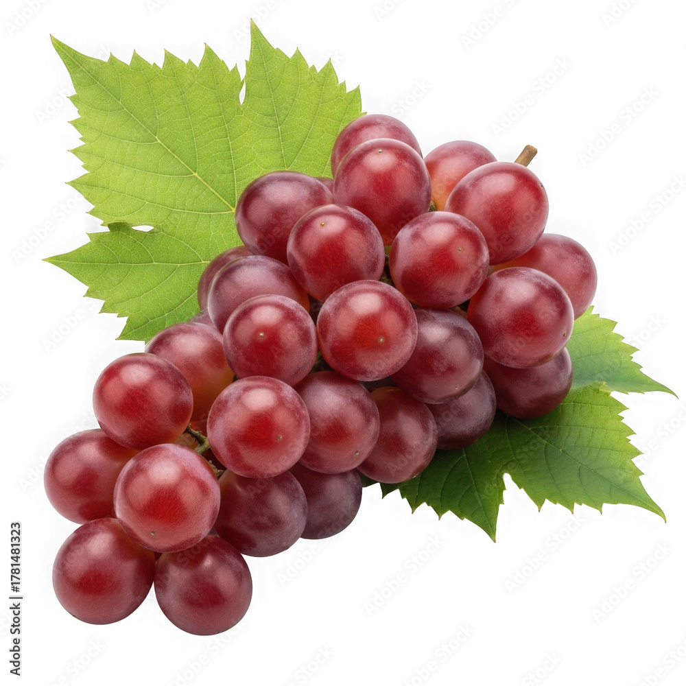 Fototapeta premium Red grapes with leaves isolated on transparent background