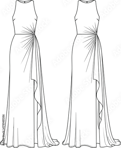 Elegant evening gown fashion sketch, high neck sleeveless dress, ruched waist drape detail, cad drawing flat vector illustration
