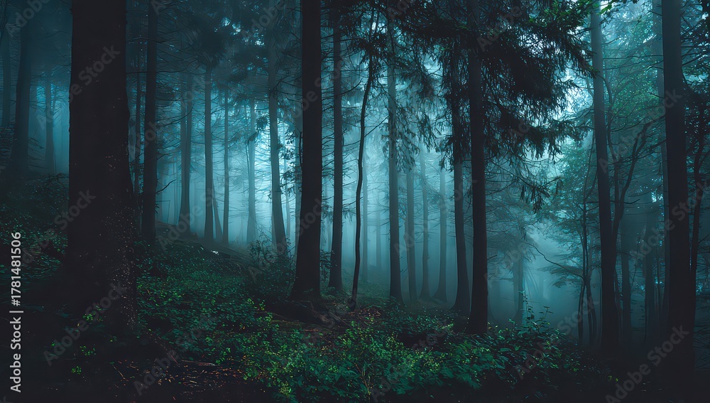 Naklejka premium Dense Forest with Tall Trees and Fog Creating an Eerie Atmosphere in Dim Lighting
