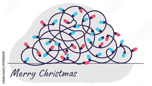 Tangled christmas lights with merry christmas greeting in a minimalist flat design style