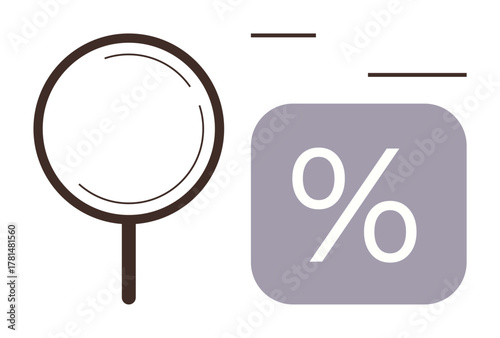 Magnifying glass next to percentage sign represents analysis, assessment, and focus on statistics. Ideal for research, finance, education, marketing, strategy data interpretation audits. Simplistic