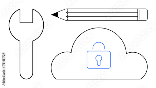 Wrench, pencil, and locked cloud symbolizing creativity, security, and technological innovation. Ideal for tools, design, cloud storage, data protection digital creativity cybersecurity simple
