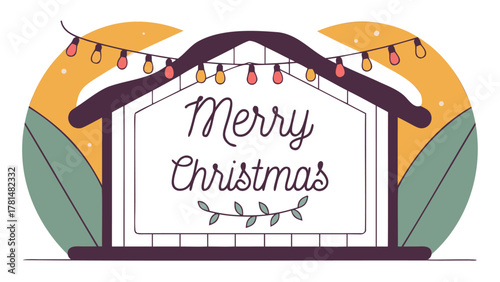 Festive merry christmas greeting with string lights and stylized barn structure in warm colors