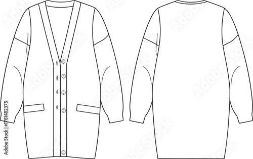 Long sleeve cardigan sweater technical fashion flat sketch with front buttons and pockets, detailed clothing CAD garment vector illustration design