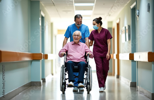 Elderly man in wheelchair is pushed down hospital corridor by nurse and doctor. Healthcare team assists senior patient with care and support. Medical staff helping patient with mobility.
