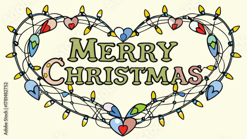 Heart shaped string of colorful christmas lights with merry christmas text in the center