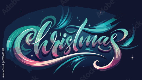 Stylized christmas lettering with vibrant turquoise and pink accents on a dark blue background with subtle stars
