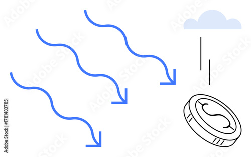 Arrows pointing downwards towards a falling coin and a cloud suggesting financial decline, economic loss, or monetary dynamics. Ideal for economy, finance, loss, business, recession, investment