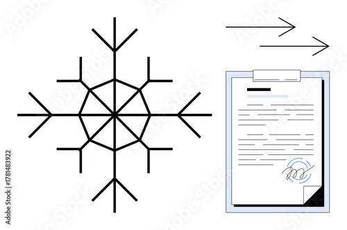 Snowflake beside a signed contract with arrows denoting progression. Ideal for winter transactions, contract process, workflow organization, seasonal agreements, legal paperwork, business flow