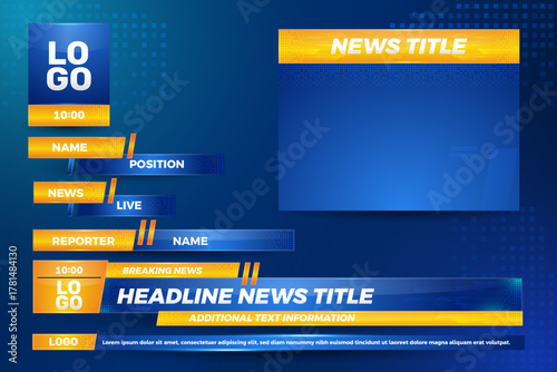news banner set, overlay  with yellow tech color for television and media channel