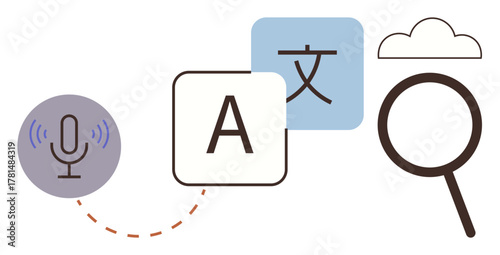 Microphone symbolizing voice input, language blocks with characters, magnifier for search, and cloud for online connectivity. Ideal for translation, communication, technology, education, linguistics