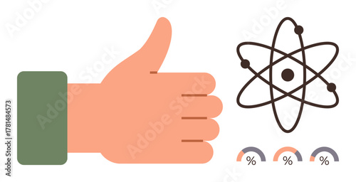 Hand showing thumbs up beside atomic structure and three progress dials. Ideal for science, approval, progress, analytics, evaluation, positivity, decision-making. Simple flat metaphor