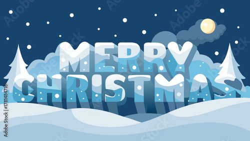 Stylized merry christmas text with snowy landscape and winter trees under a starry night sky