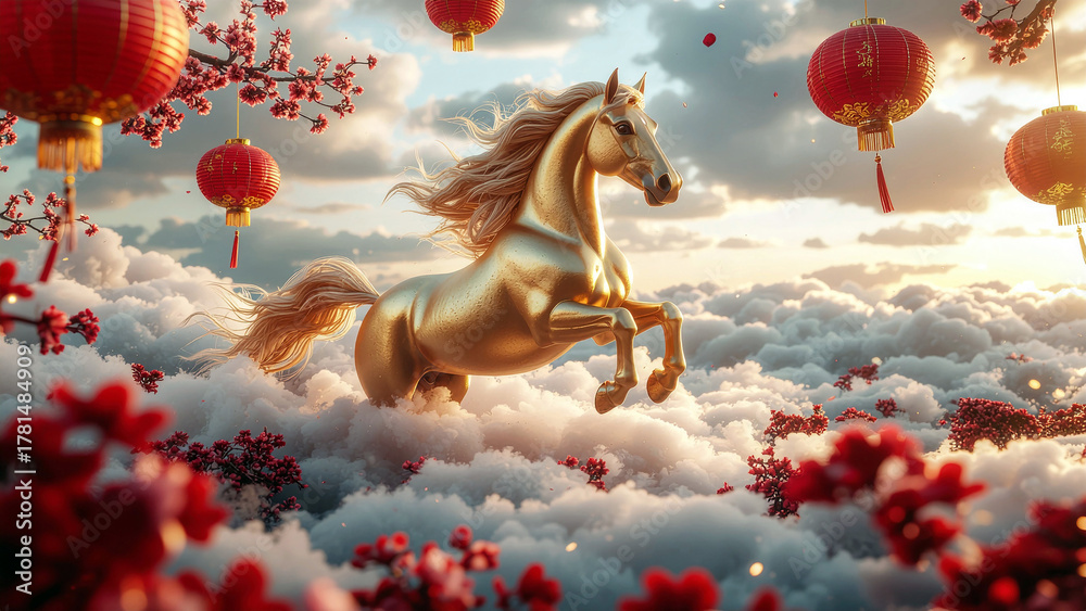 Naklejka premium Majestic Golden Horse Galloping Through Clouds Amidst Festive Chinese Decorations