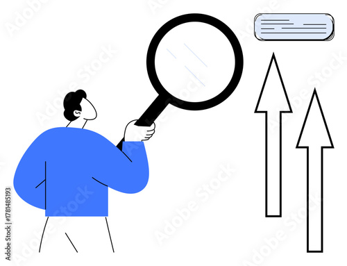 Person holding a magnifying glass inspecting an air conditioner with upward arrows. Ideal for concepts thumbs up airflow, climate control, analysis, energy efficiency, ventilation, data focus. Simple
