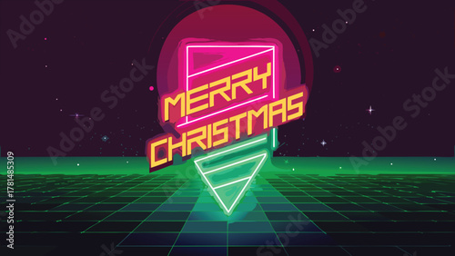 Retro futuristic neon merry christmas greeting with grid landscape and starry night sky