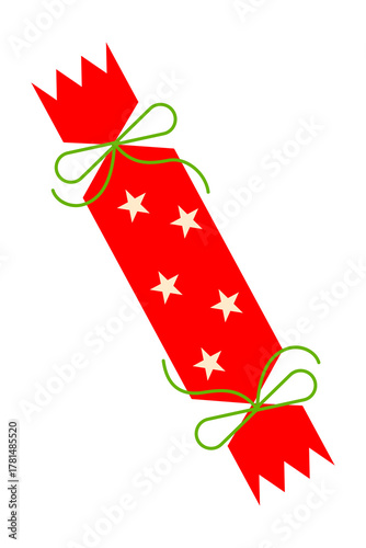 Red Christmas cracker illustration with green ribbon bows and cute star pattern. Festive, winter holiday PNG. Perfect for Xmas party decor, Christmas social posts, TikTok, IG reels overlays. High-res 