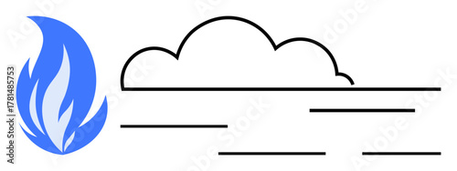 Blue flame and cloud with horizontal lines representing flame, energy, air, flow, nature, technology, and balance. Ideal for sustainability, energy environment innovation climate change renewable