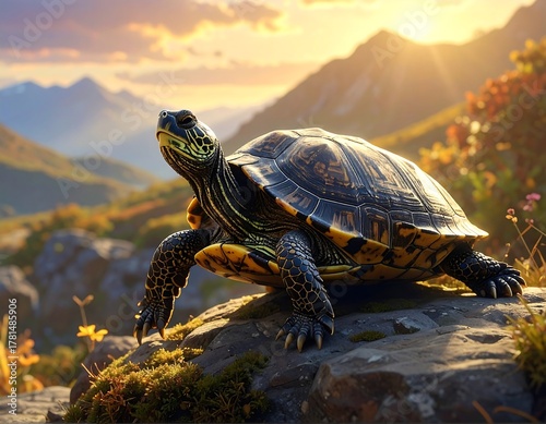 A turtle basks in sunlight atop a rocky outcrop, overlooking a majestic mountain range during a vibrant sunset