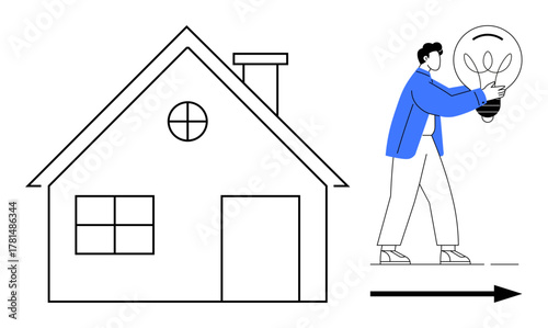 Person holding large light bulb walking towards house. Ideal for energy efficiency, sustainability, green living, innovation, eco-friendly concepts, renewable energy, simple flat metaphor