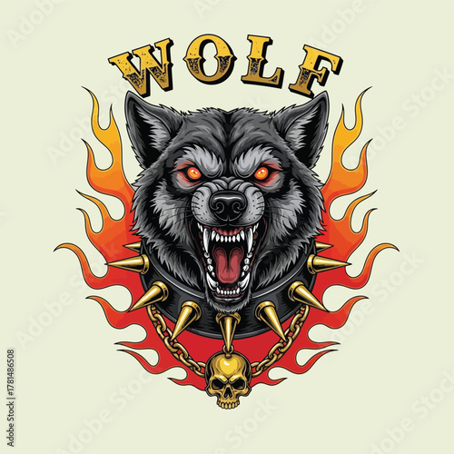 Aggressive wild canine illustration with glowing red eyes, snarl, spiked collar, and vibrant flames, symbolizing raw power and untamed spirit
