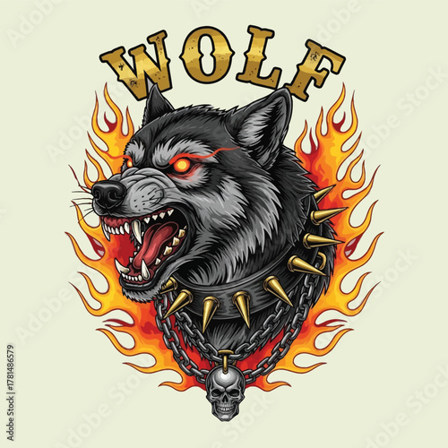 Intensely snarling wild wolf head illustration with glowing red eyes, spiked collar, and flaming background, embodying raw power and untamed spirit