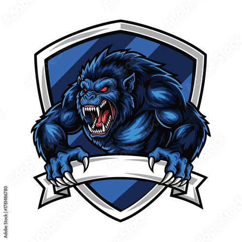 Dynamic blue ape mascot bursting forth from a shield emblem, embodying powerful strength and fierce determination, perfect for sports teams or gaming logos