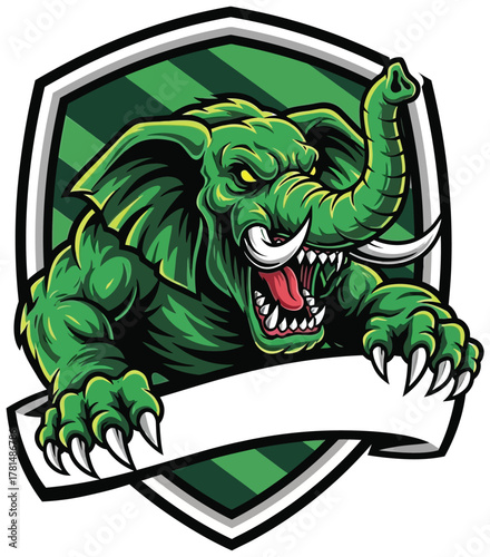 Fierce Green Elephant Mascot Emblem with Claws and Banner