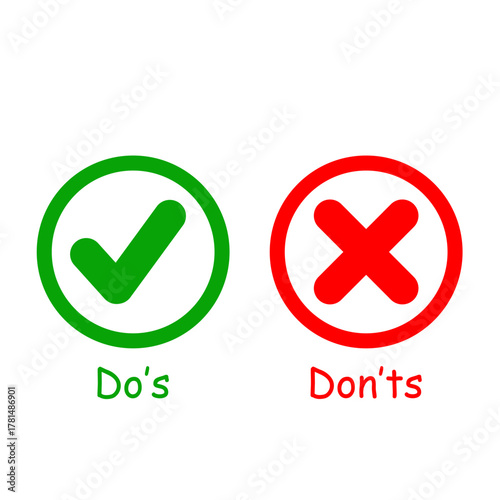 Guidelines for dos and don'ts displayed in a simple graphic format with green and red symbols. Stock Vector 
